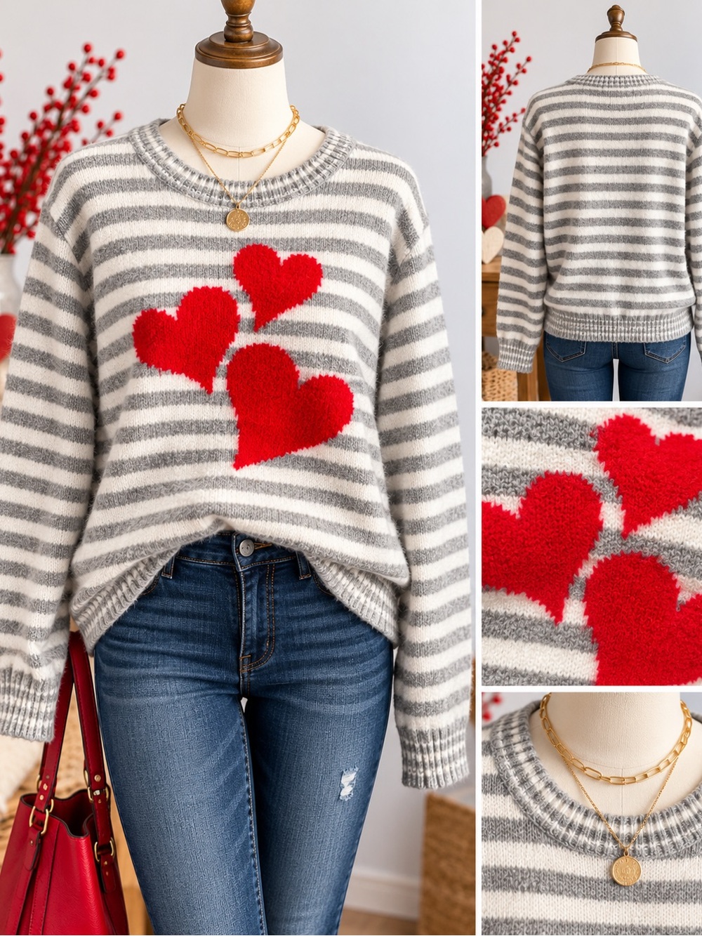 Cupcakes and Cashmere XL Heart Sweater Gray White Striped Valentine Knit